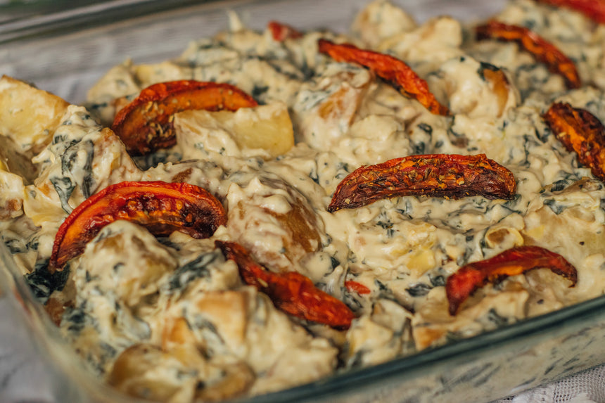 Espinacas con Alcachofas, Tomate Seco y Papas de Galeana