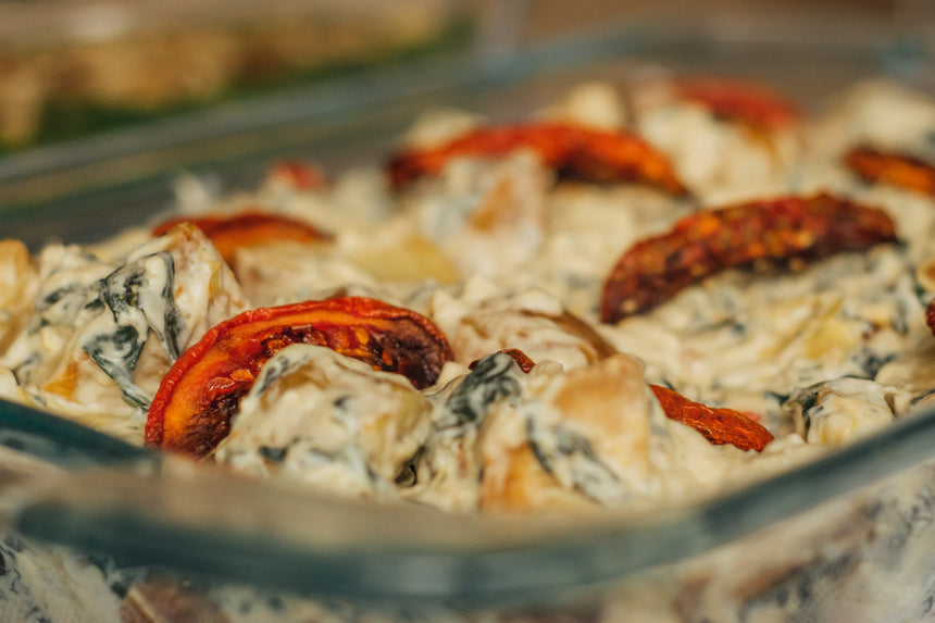 Espinacas con Alcachofas, Tomate Seco y Papas de Galeana