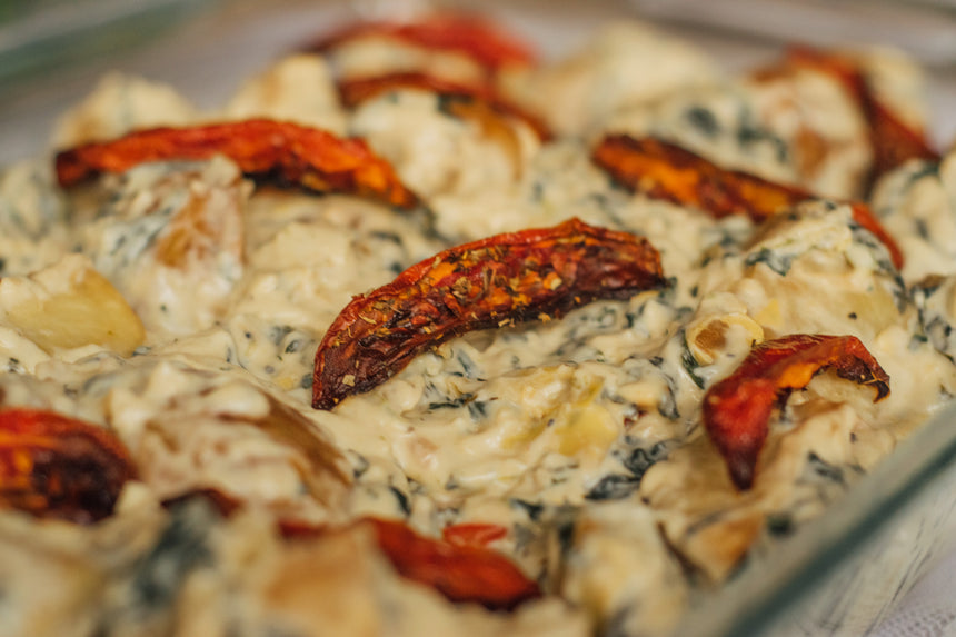 Espinacas con Alcachofas, Tomate Seco y Papas de Galeana