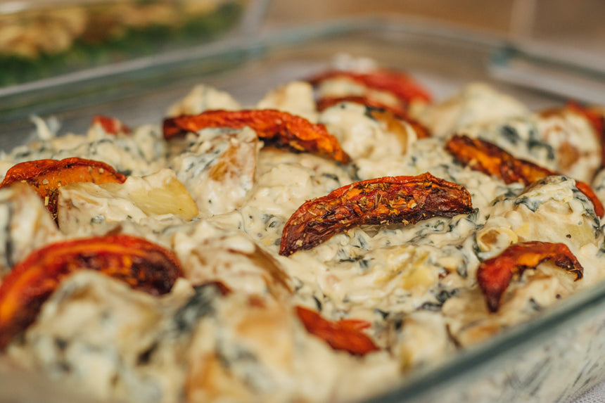 Espinacas con Alcachofas, Tomate Seco y Papas de Galeana