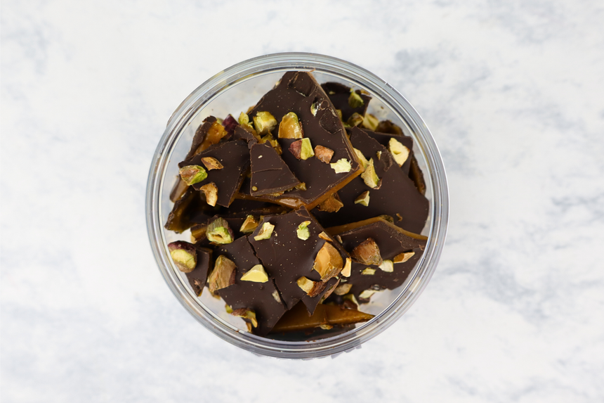Bote de Toffee de Chocolate Oscuro y Pistache